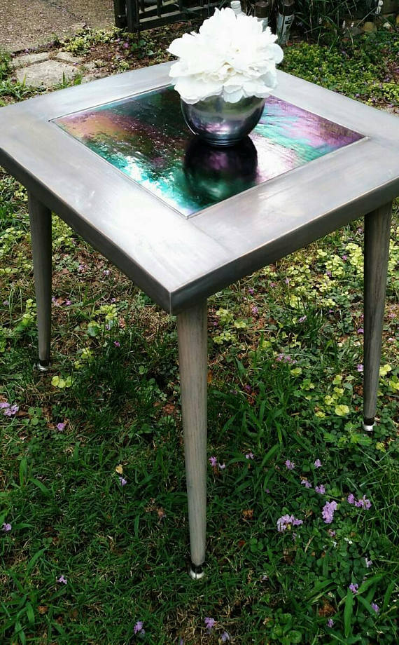 Distressed Barn Wood Side Table with Iridescent Blue Glass Center