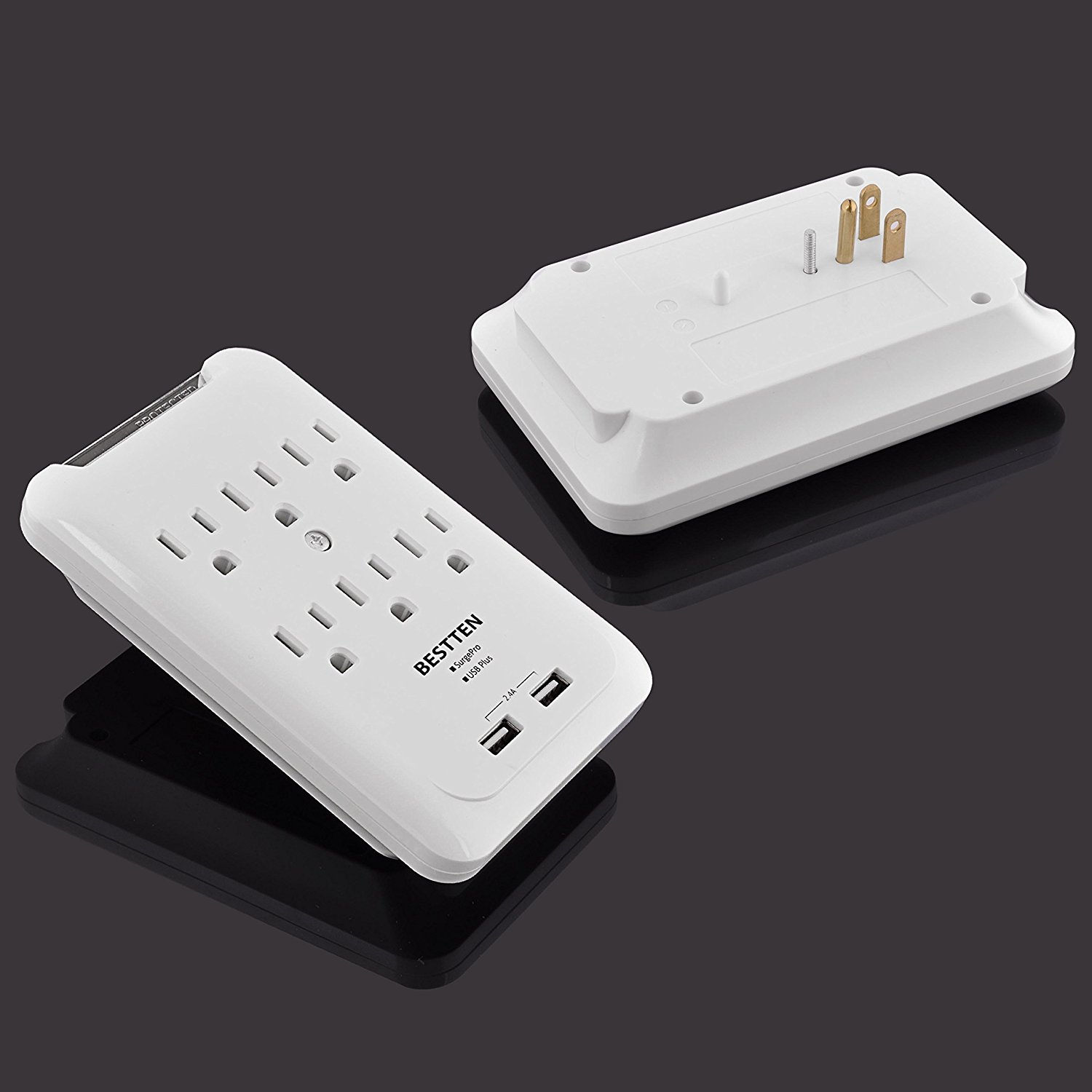 Bestten 6Outlet Surge Protector Wall Mount Adapter with 2 USB Charging