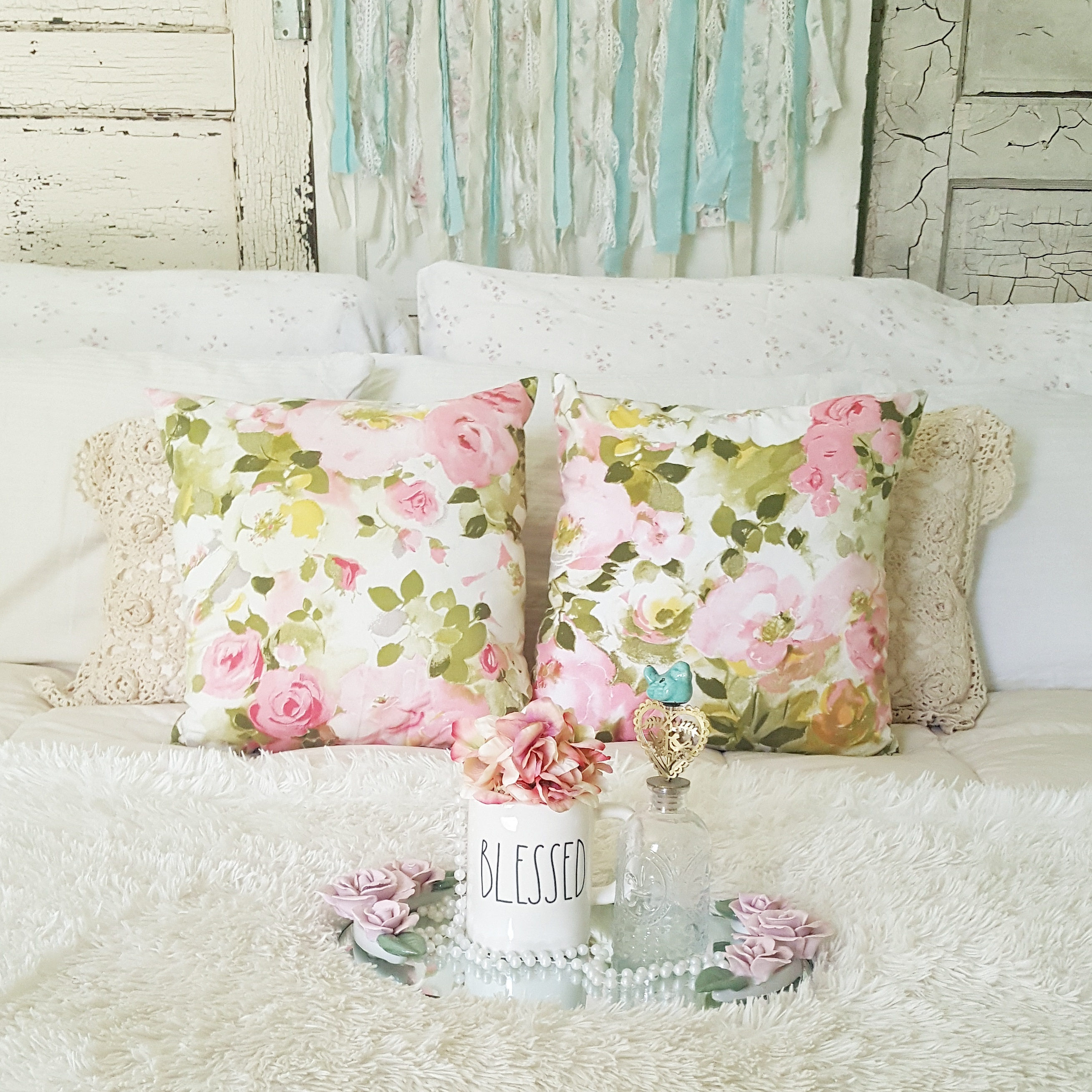 Pink Flowers 16in X 16in Shabby Chic Cottage Style Pillows By