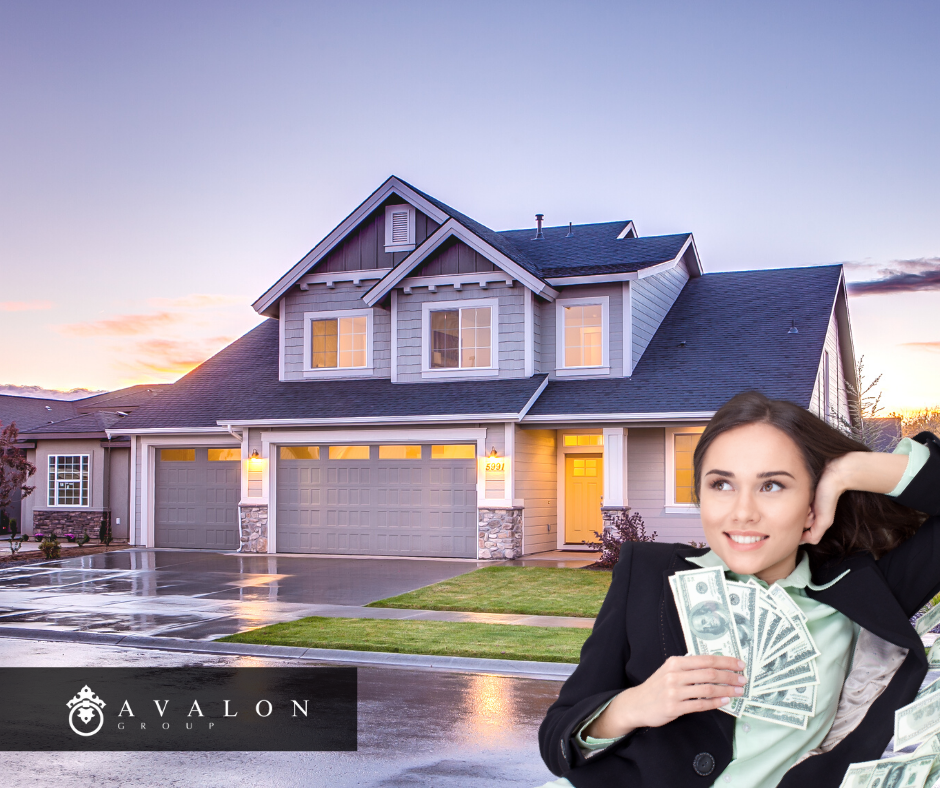 Also in this picture is a new home in the background at twilight. And there is a lady in the corner holding cash in her hands, wishing it were her home.