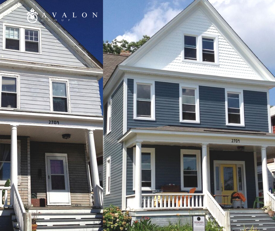 In addition,Before and After of a home that had it's siding replaced. And the new siding is gray with white trim.