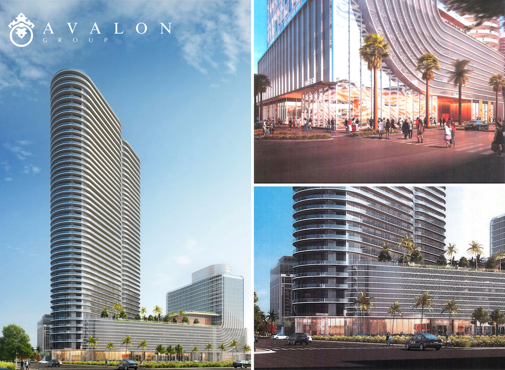Also there are 3 pictures of the new 400 Central 46 floor tower. Additionally, the left picture shows a metal gray building next to a blue sky with white clouds. And the top right picture shows palm trees next to street businesses. Additionally, the lower right picture shows the glass enclosed entrance.