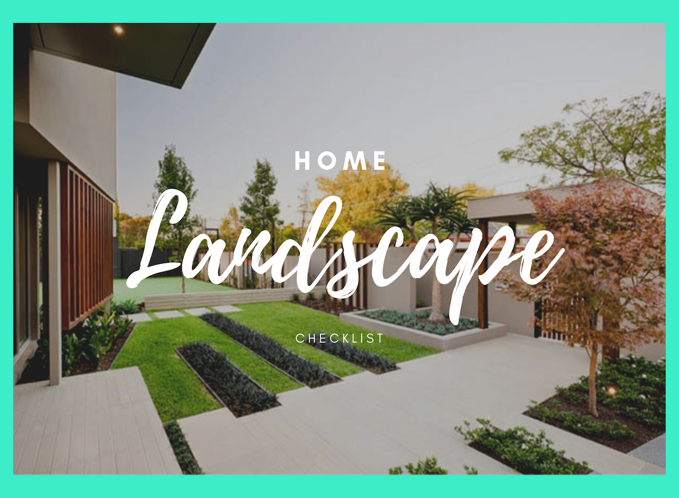 And the yard features green grass with cement sidewalk and cement curbed mondo grass beds. Also the brown modern fence encloses the yard.