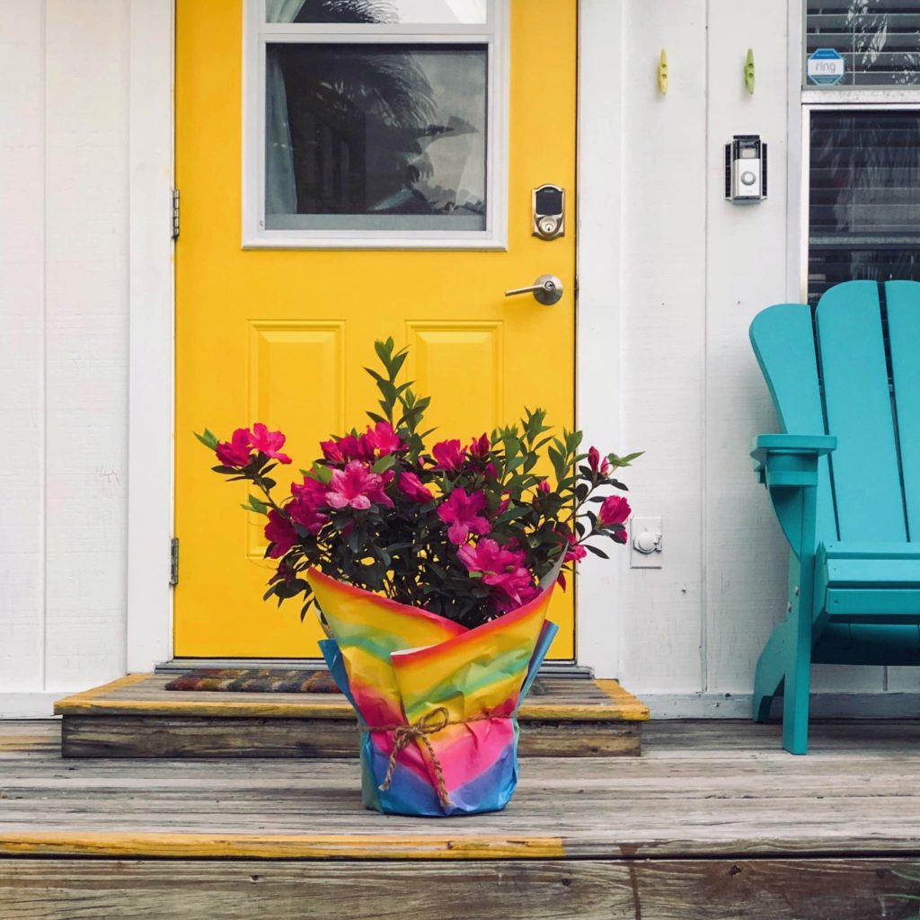 Additionally, here is Christi and Deb's front door. It is yellow with white siding and a blue chair.