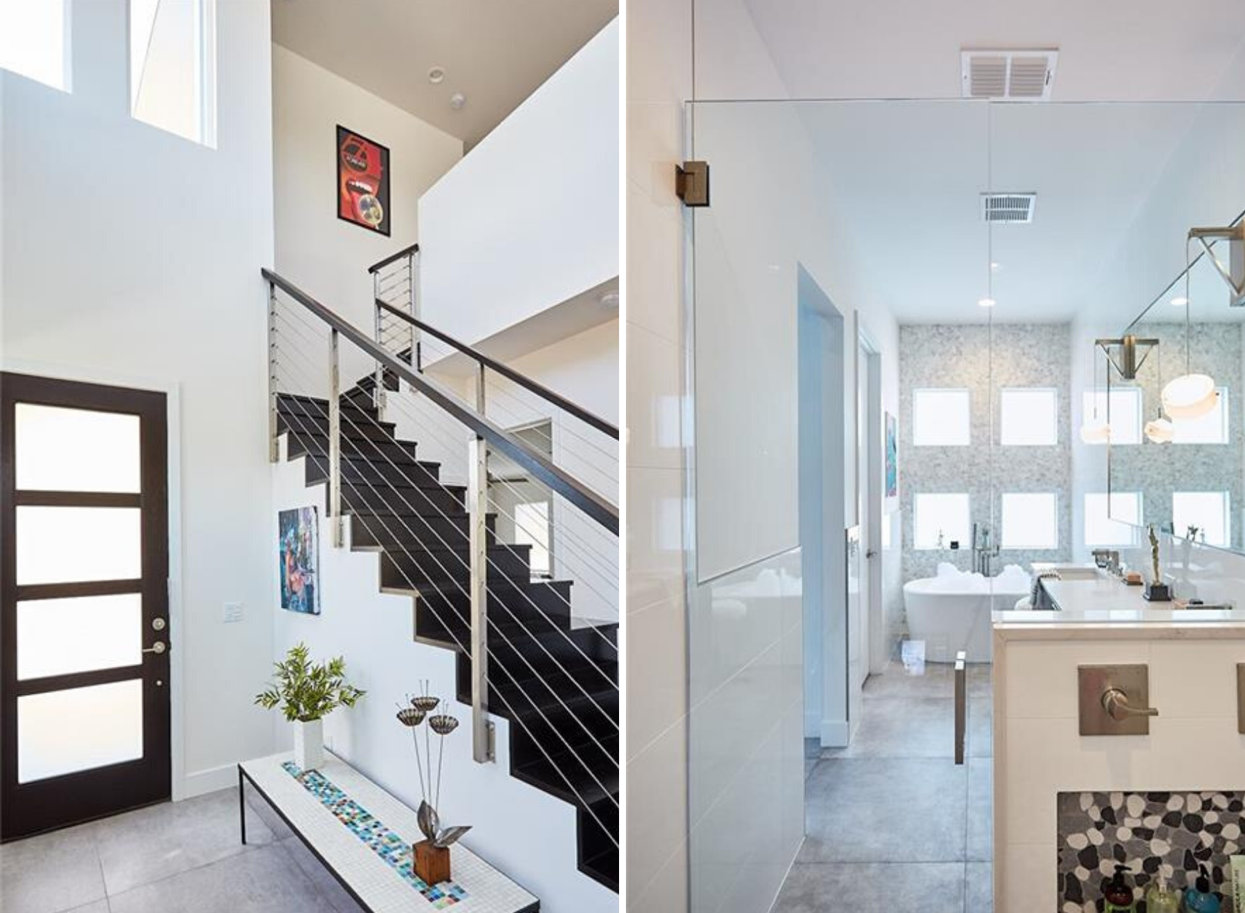 And the white foyer features a black stairway with metal railings in the left pic. Also windows fill the space above the entrance door. But the right side picture shows a master bath with 4 square windows. Also the bathroom is dominated by white tiled walls.