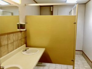 Photo of bathroom with tan stalls, white walls, and brown tile behind the double oval sinks